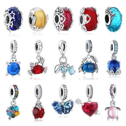 Original 925 Sterling Silver Charms Love Heart Turtle Murano Glass Pendant Beads Fit Pan Bracelet Necklace Jewelry For Women